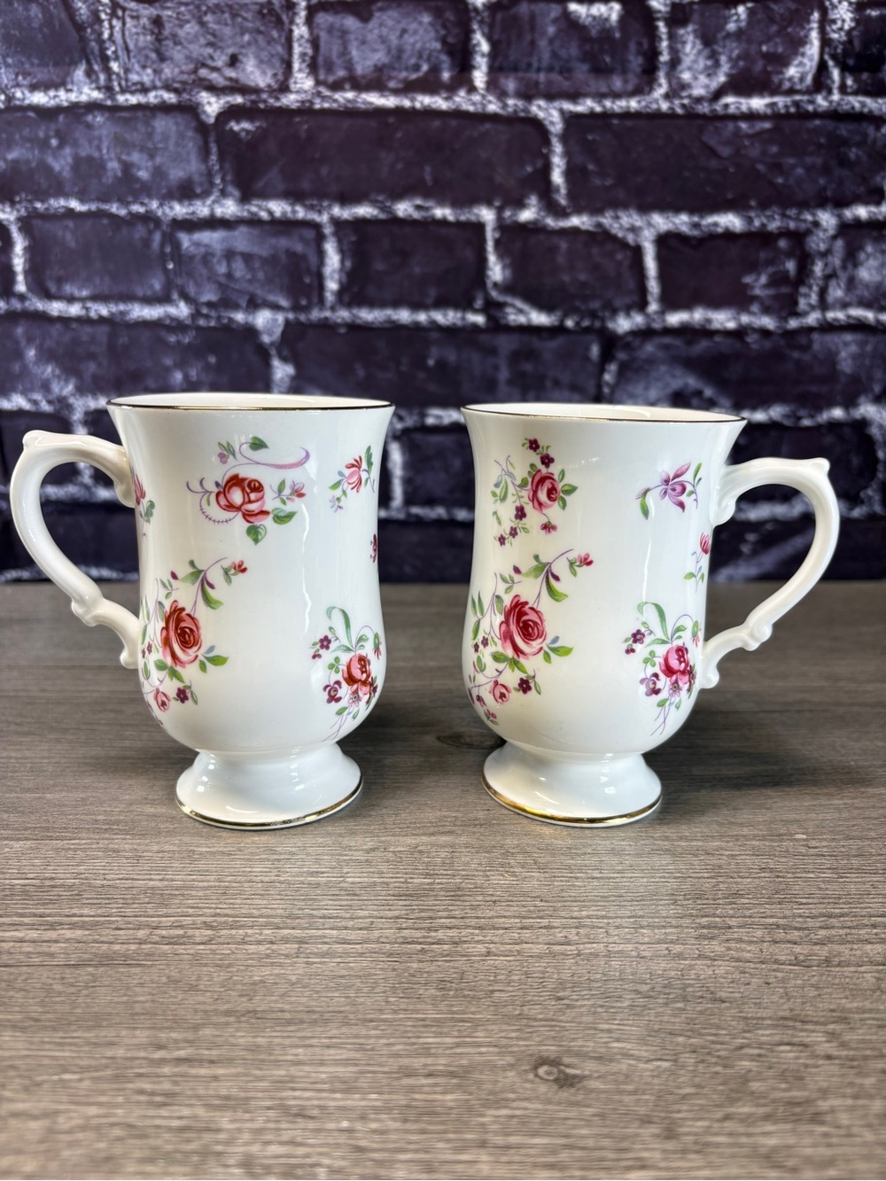 Vintage Fine Bone China Set of Two Floral Footed Teacups